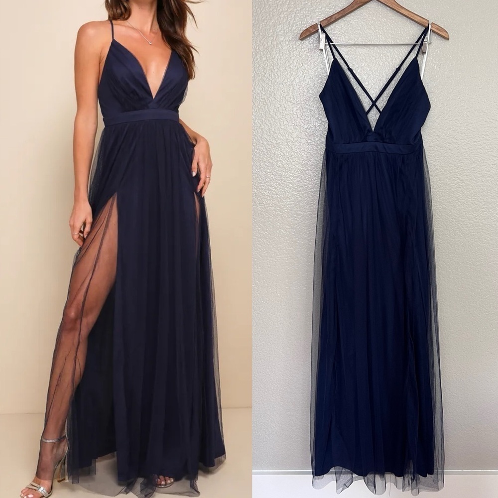 NWOT Rare Beauty Navy Blue Tulle Backless Maxi Dress
